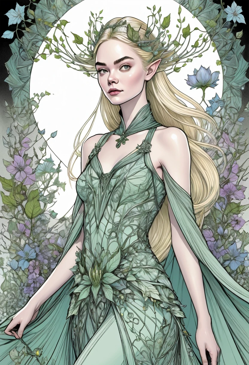 A gorgeous and beautiful elven warrior queen, evening dress, Fractal Magic, Illustrations in the style of Travis Charest, Ink Line Drawing, poster, Elle Fanning (Elle Fanning) model, CG Society, Fantasy Art, detailed illustration, mystery, Botanical masterpiece, detailed, Surrealism, Elements of Symbolism and Surrealism, Complex design, Intertwined, Beautiful woman, Flowers, Pastel.