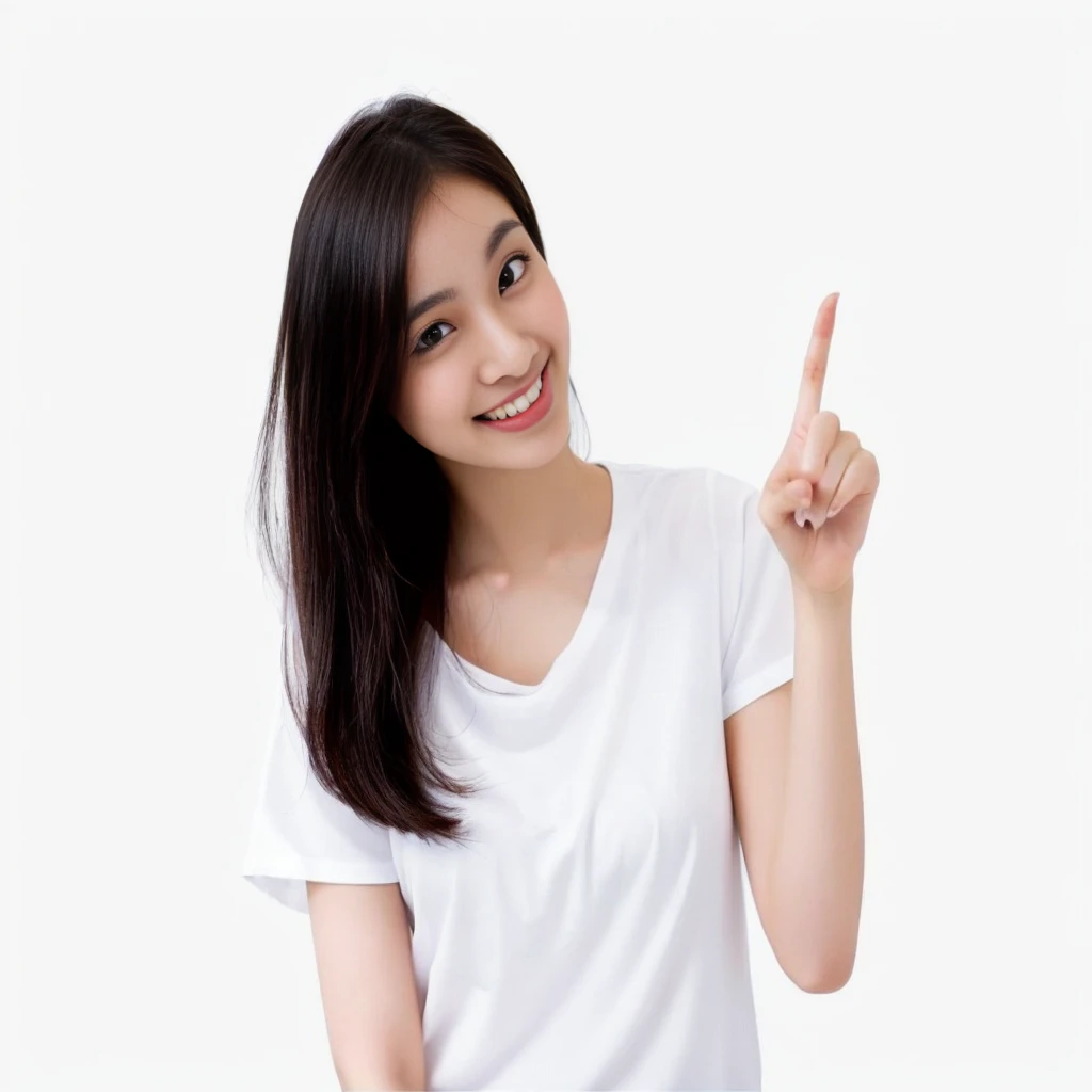 Arabian woman in a white shirt pointing at something, young Asian woman, index fingerで, a young Asian woman, young asian girl, Pointing a finger, an Asian woman, Young and beautiful woman, White background, Attractive girl, beautiful young Asian woman, Asian woman, Cute young woman, Smiling young woman, Young and pretty girl, index finger
