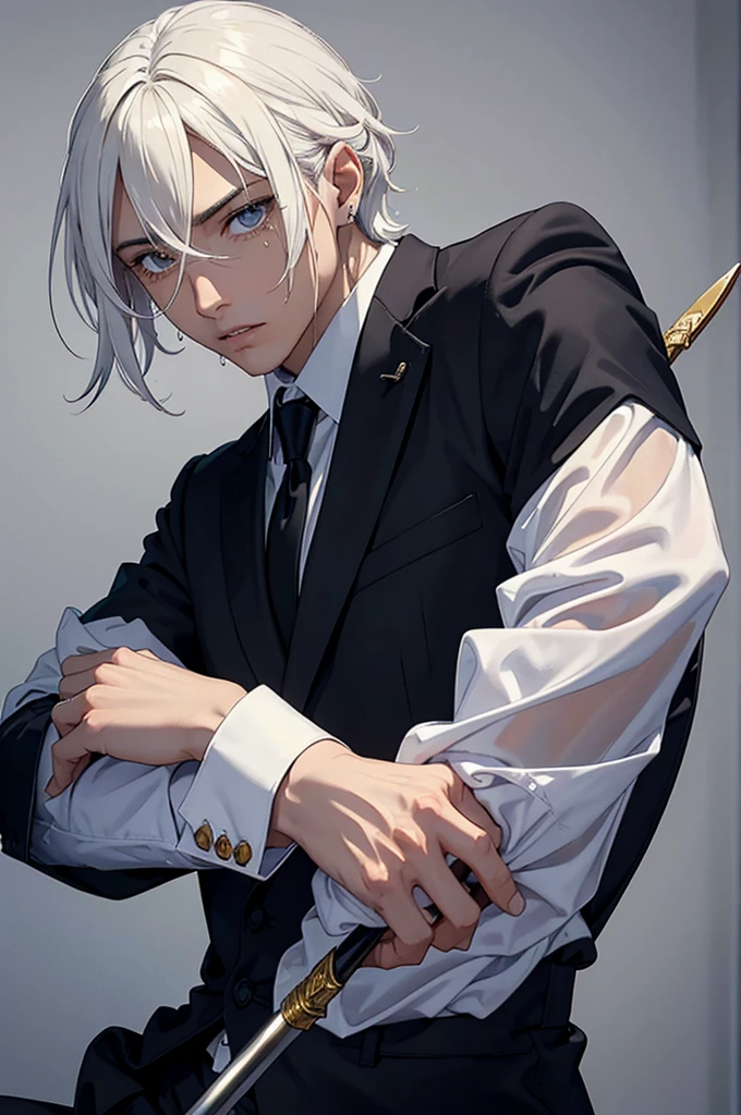 1 hombre, elegante, Camisa blanca, pelo negro, pupilas rubias, Sentado en el suelo, dientes apretados, cuffs, Medio: 1.2, enojo: 1.2, tears, surrealism y con una espada