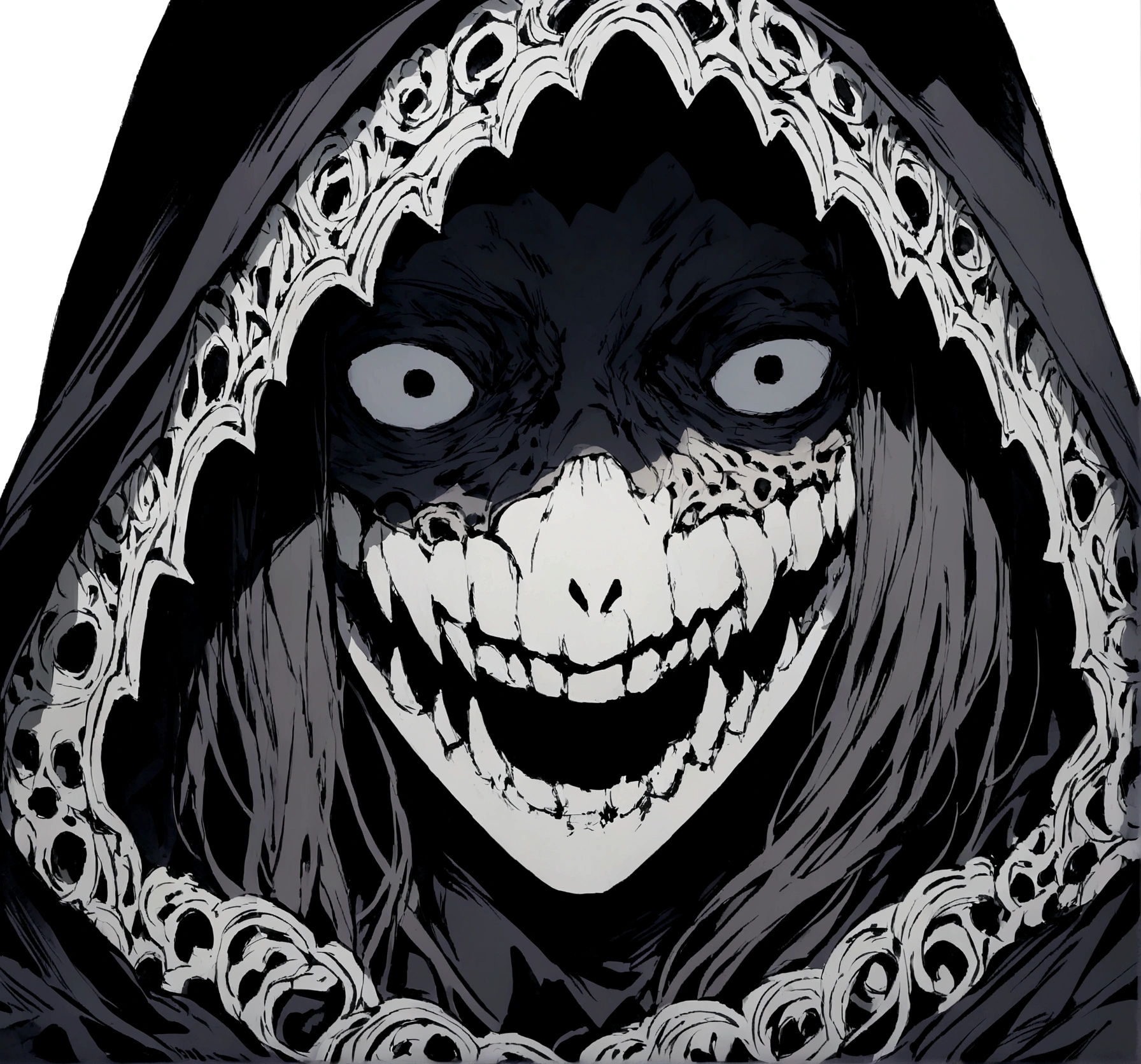 scary grim reaper skull face screaming scary white background goth dark hood creepy smile looking straight upper body center of page all in frame hollow black eyes smiling dont cut off part of the picture