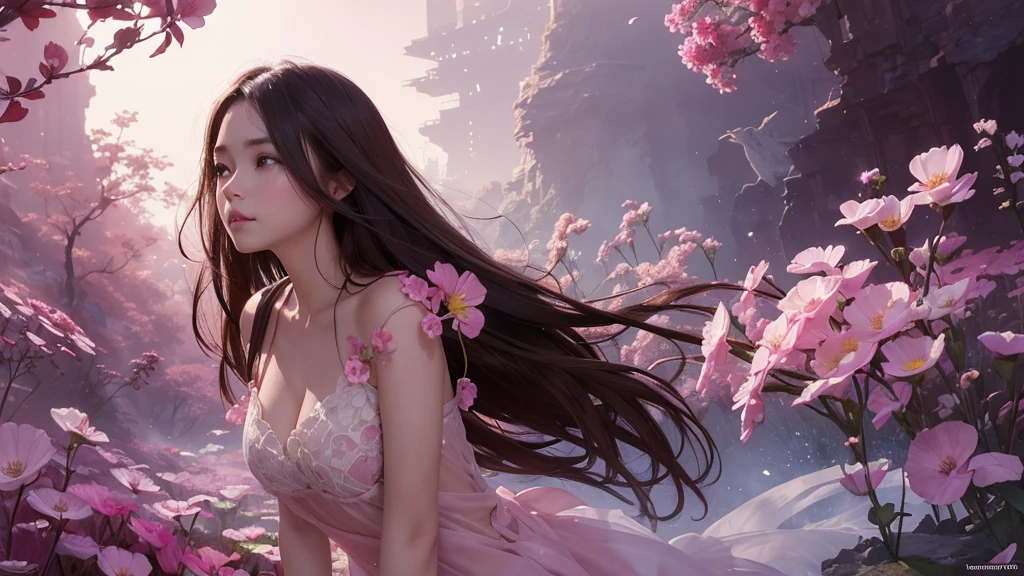32k, Masterpiece, Highest quality, One girl, Detailed eyes, flower,Sandersonia, Pink and brown style,A dreamy, romantic piece,Pale pink, Mysterious Leaves,A playful arrangement,Fantasy,High Contrast,Ink strokes,explosion,Exposure, Impression of pink and brown tones,Abstract,((Watercolours by John Berkey and Jeremy Mann )) Brush strokes,Negative Space, Tyndall effect,