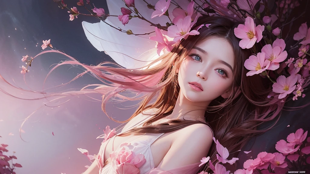 32k, Masterpiece, Highest quality, One girl, Detailed eyes, flower,Sandersonia, Pink and brown style,A dreamy, romantic piece,Pale pink, Mysterious Leaves,A playful arrangement,Fantasy,High Contrast,Ink strokes,explosion,Exposure, Impression of pink and brown tones,Abstract,((Watercolours by John Berkey and Jeremy Mann )) Brush strokes,Negative Space, Tyndall effect,