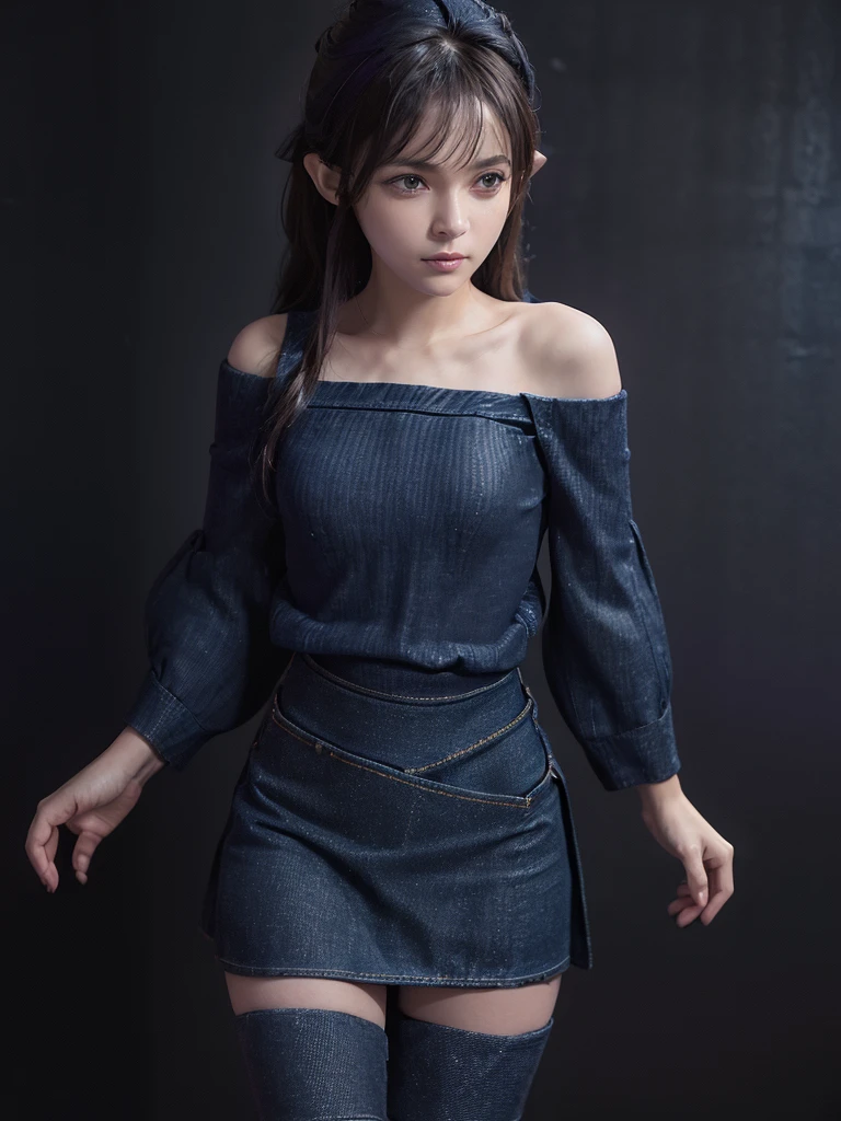 Anatomically normal、(Front Focus), (In the Dark:1.6), Fantasy art, Photo Real, Dynamic Lighting, Art Station, Poster, Volumetric lighting、A very symmetrical, very pretty, very cute, small face、16k yen, Awards, One girl, In the Dark, Deep Shadow, Modest, Cowboy Shot, (A branded purple off-the-shoulder long sweater:1.8)、bare clavicle、Naked shoulders、Deep cleavage、Thin and slender body、(Plain navy denim micro mini skirt:1.8) Super long, shiny, super straight long hair、Brown hair that is too light and noticeable、Beautifully shaped, large breasts、bare clavicle、Naked shoulders、Deep cleavage、No anatomical abnormalities、(たった一人だけのOne girl:1.8)、solo、(Always be alone in the photo:1.8)、(One girl:1.8)、(No anatomical abnormalities:1.8)、(She has fallen in love with the viewer and is gazing at the viewer with a smitten and adorable expression.:1.8)、(Only one person is in the picture:1.8)、No anatomical abnormalities、Highly revealing、