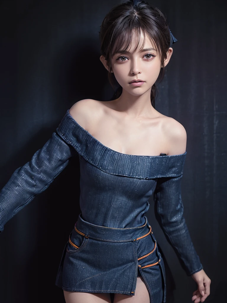 Anatomically normal、(Front Focus), (In the Dark:1.6), Fantasy art, Photo Real, Dynamic Lighting, Art Station, Poster, Volumetric lighting、A very symmetrical, very pretty, very cute, small face、16k yen, Awards, One girl, In the Dark, Deep Shadow, Modest, Cowboy Shot, (A branded purple off-the-shoulder long sweater:1.8)、bare clavicle、Naked shoulders、Deep cleavage、Thin and slender body、(Plain navy denim micro mini skirt:1.8) Super long, shiny, super straight long hair、Brown hair that is too light and noticeable、Beautifully shaped, large breasts、bare clavicle、Naked shoulders、Deep cleavage、No anatomical abnormalities、(たった一人だけのOne girl:1.8)、solo、(Always be alone in the photo:1.8)、(One girl:1.8)、(No anatomical abnormalities:1.8)、(She has fallen in love with the viewer and is gazing at the viewer with a smitten and adorable expression.:1.8)、(Only one person is in the picture:1.8)、No anatomical abnormalities、Highly revealing、