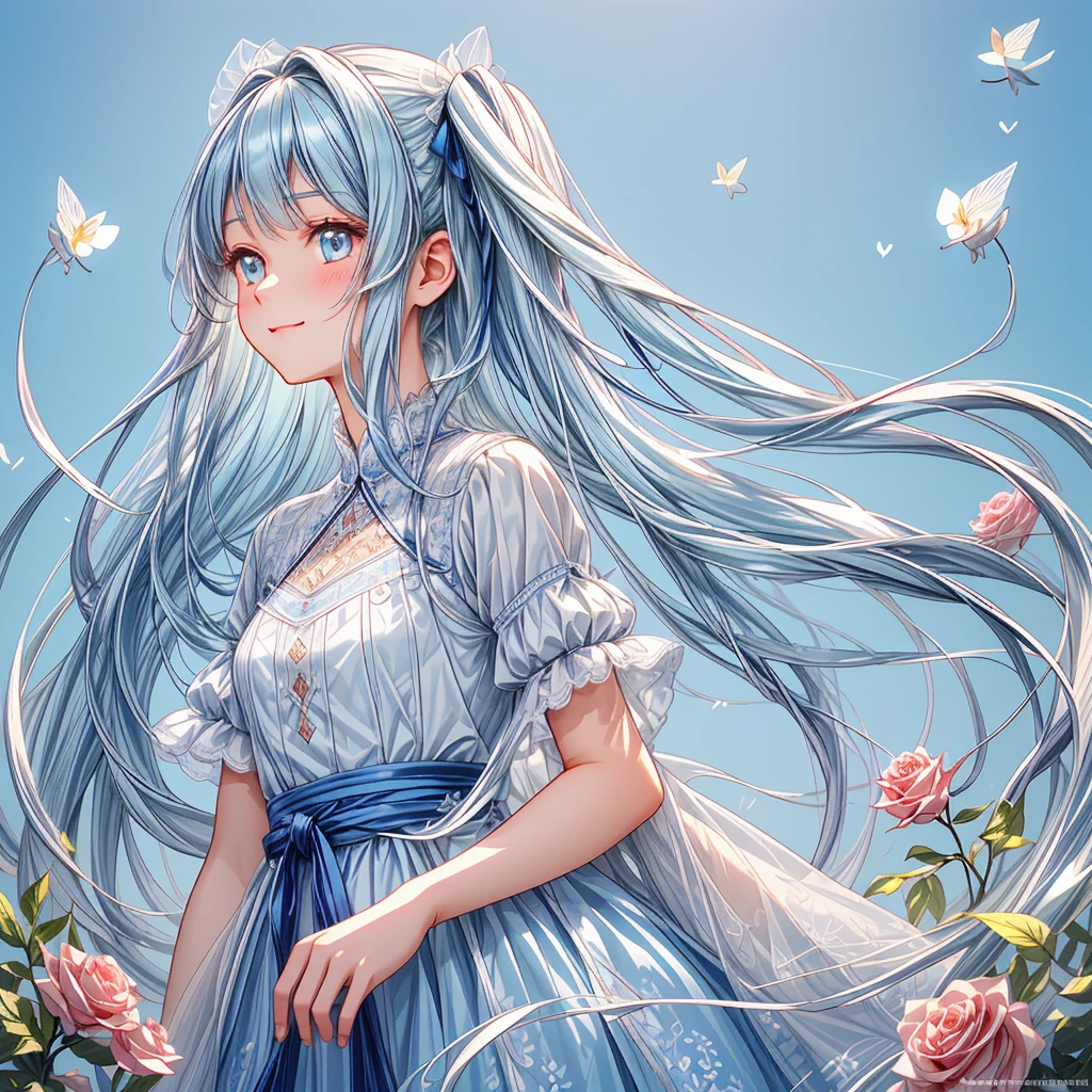 masterpiece, best quality, extremely detailed, (illustration, official art:1.1), 1 girl ,(((( light blue long hair)))), ,(((( light blue long hair)))),light blue hair, ,10 years old, long hair ((blush)) , cute face, big eyes, masterpiece, best quality,(((((a very delicate and beautiful girl))))),Amazing,beautiful detailed eyes,blunt bangs((((little delicate girl)))),tareme(true beautiful:1.2), sense of depth,dynamic angle,,,Candle, affectionate smile, (true beautiful:1.2),(flat chest)) 、(ultra-detailed, master piece, best quality, high resolution, skin indentation, super fine illustration, intricate composition:1.2),beautiful detailed eyes, (photo realistic:0.5), ulutra detailed background, 1girl, solo, twintails, feel the wind, (hair fluttering in the wind:1.2), out door, upper body, ,short-sleeved shirt, rose garden,(((facial profile))), (look at viewers),smile