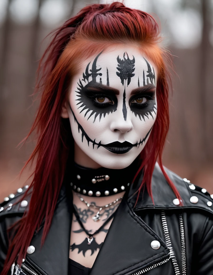 1 girl, Black Metal girl with "corpse paint" facepaint, Black Metal makeup, shag hair medium short, emotionless face, confident face, red hair color, wearing leather jacket