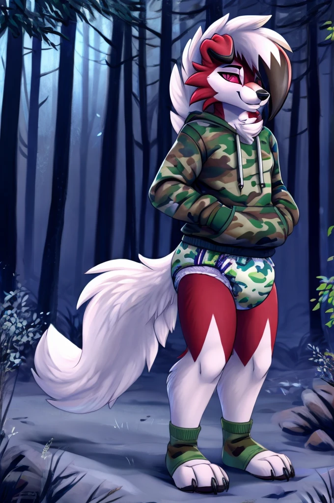 A Midnight lycanroc femboy wearing a camouflage sweatshirt and diaper and white socks while in a dark magical forest