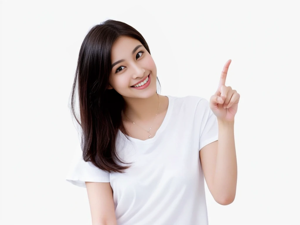 Arabian woman in a white shirt pointing at something, young Asian woman, index fingerで, a young Asian woman, young asian girl, Pointing a finger, an Asian woman, Young and beautiful woman, White background, Attractive girl, beautiful young Asian woman, Asian woman, Cute young woman, Smiling young woman, Young and pretty girl, index finger