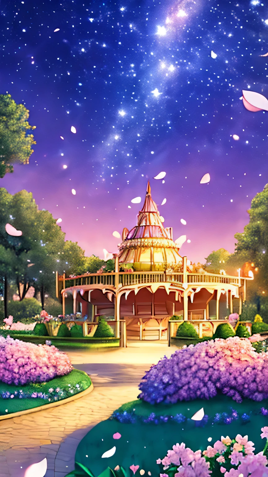 (Simple colors, Healing scenery, Fairy tale style), Beautiful and dreamy, (Fluttering petals: 1.2), (Beautiful night sky: 1.2), (starry sky garden: 1.3), (maze theme amusement park: 1.2), (61 Special Project: 1.2) Realistic texture, Color images, high quality, Picturesque castle gardens, Realistic details