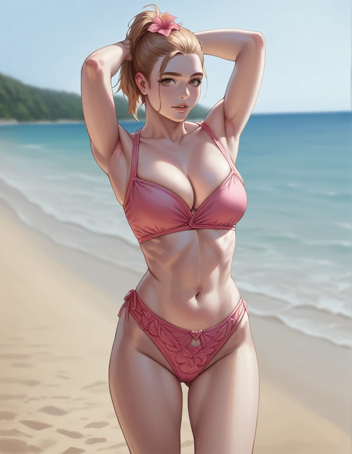 araffe redhair woman in pink lingersuit posing on beach near ocean, amouranth, better known as amouranth, young beautiful amouranth, gorgeous bikini model, smooth pink skin, at the beach, cute bikini, at a beach, in the beach, beautiful body and face, on a sunny beach, pale pink bikini, posing on the beach