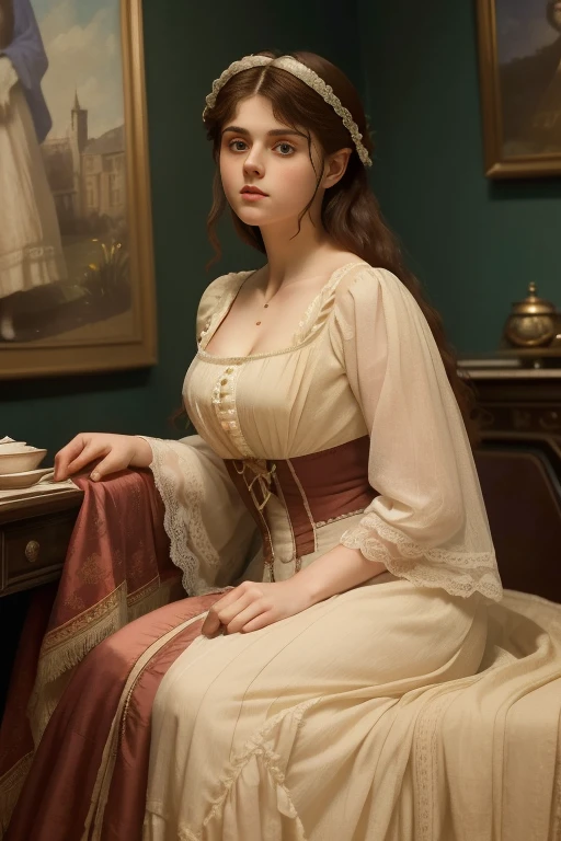 Year: 2023. Location: England. Pre-Raphaelite scene with a 32-Year-old Alexandra Daddario, silk nightgown with lace, ((((Late 19th century clothing)))) ((Прическа 1900-х Yearов)), ((("MISS" cinematography)))
