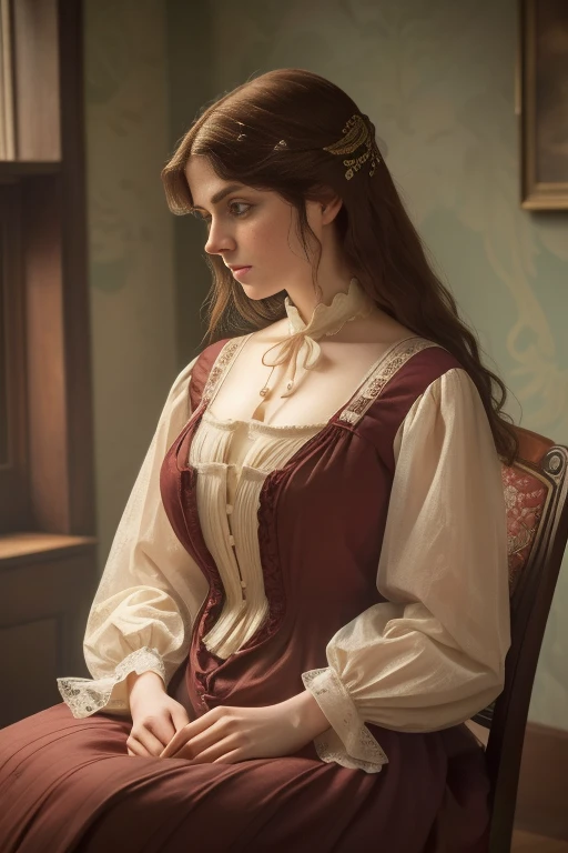 Year: 2023. Location: England. Pre-Raphaelite scene with a 32-Year-old Alexandra Daddario, silk nightgown with lace, ((((Late 19th century clothing)))) ((Прическа 1900-х Yearов)), ((("MISS" cinematography)))