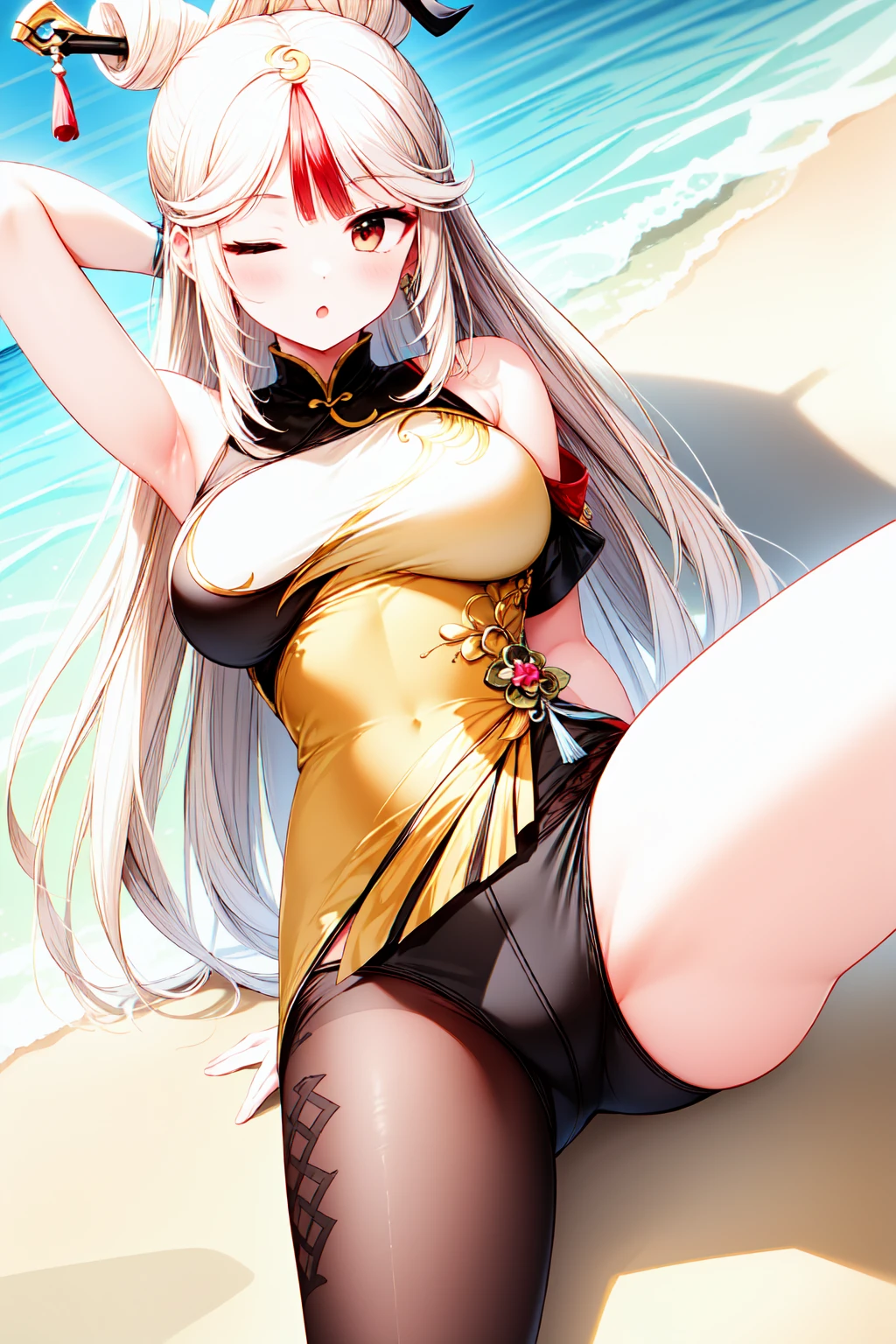 1girl, solo, large breasts, ningguangdef, embarrassed, ;o, one eyes closed, beach, sitting, spread legs, arm up, arm behind head, armpits, from below