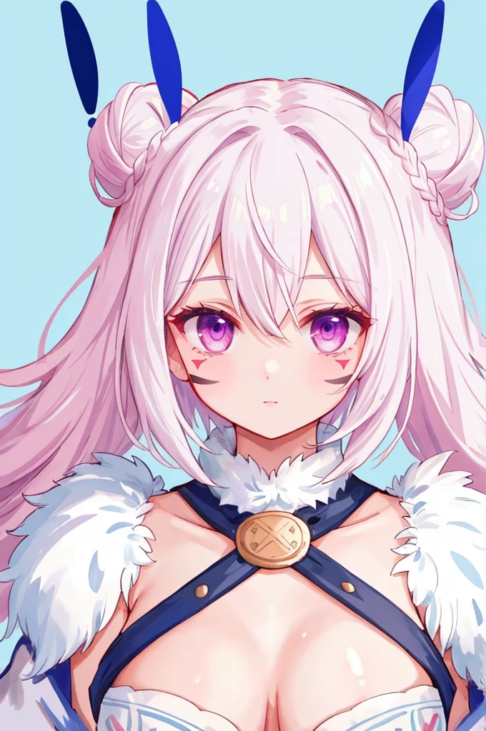 ((best quality)), ((masterpiece)), (detailed), perfect face, barbarian markings, short white hair bun, blue + magenta eyes, hair bangs covering eye