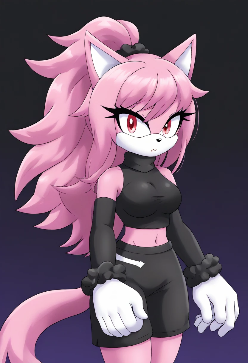 (1girl), (solo), Female Cat, pink fur, pink hair, long ponytail, black scrunchie, large hair bangs, (side locks/quills over shoulders), red eyes, (medium breasts), (black sleeveless top), turtleneck, ((black yoga shorts)), white gloves with black cuffs, black arm warmers, eyelashes, tough expression, daytime, mobian, mobius city