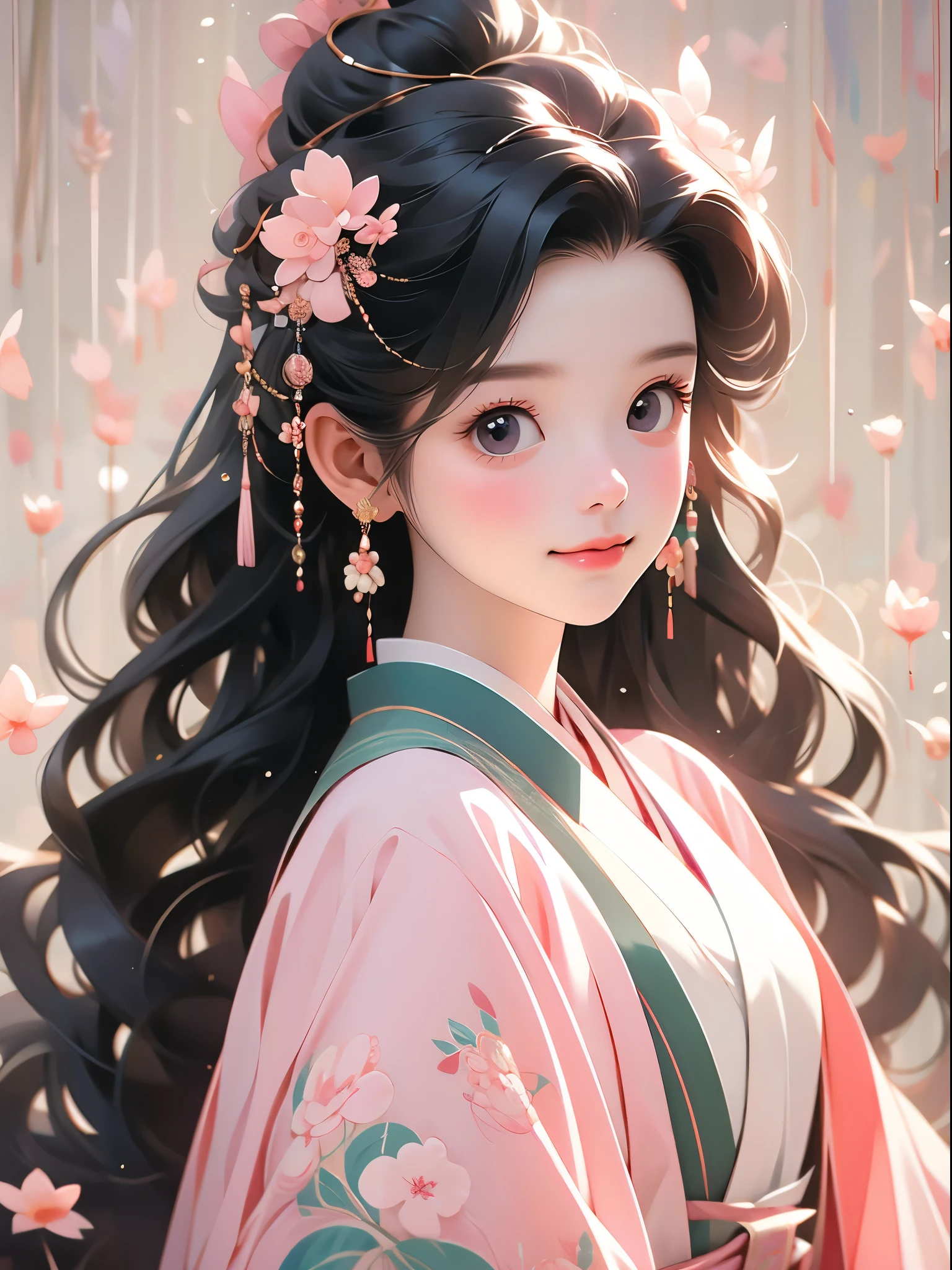 (pastel colour:1.2)，masterpiece，Highest quality，Highest quality，High resolution，Ultra-realistic，Realistic，aesthetics，(Cute Art:1.2)，(Chibi Girl:1.2)，Twelve-layered kimono，From the side，Long Shot，noble，１Beautiful Princess，Beautiful Skin，(Straight Long Hair　Long black hair　wealthy)，A little smile，(kimono　Gentle pink hue　The beauty of layered colors)，Silk luster，Layered collar，Wide sleeves，Long hakama hem，seiza，Transparent，White background