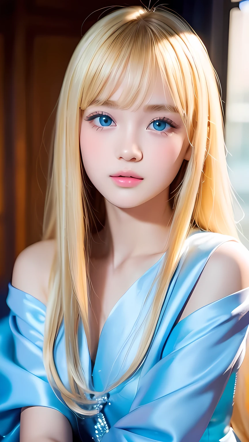 Beautiful blonde cute girl 15 years old、Sexy and very beautiful cute face、Big, bright blue eyes that sparkle beautifully、Very long, dazzling, beautiful, blonde, silky, shiny hair、Bangs that hang down in the face、uniform、Small Face Beauty、Glowing Skin、Cheek highlighter、White skin、Radiant Skin、Round face