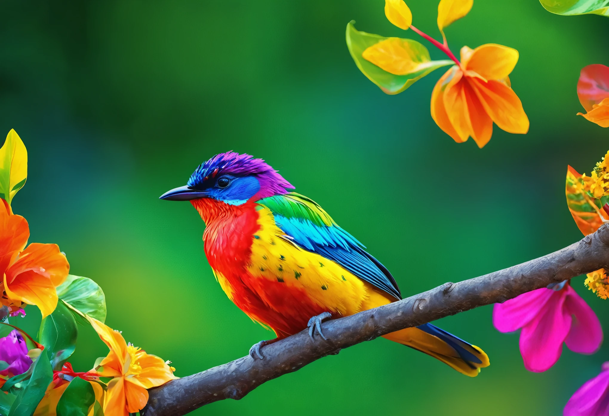 A brightly colored bird perched on a branch with leaves and flowers, Colorful HD images, Colorful 8 k, Beautiful and colorful, Beautiful colorful, Multicolored birds, Long colorful bird, Colorful 4K, Beautiful and vibrant colors, Vibrant colors with attention to detail, Colorful feathers, Beautiful Nature, Vibrant and realistic colors, Surreal Bird, Wonderfully colorful, Highly detailed digital art in 4K