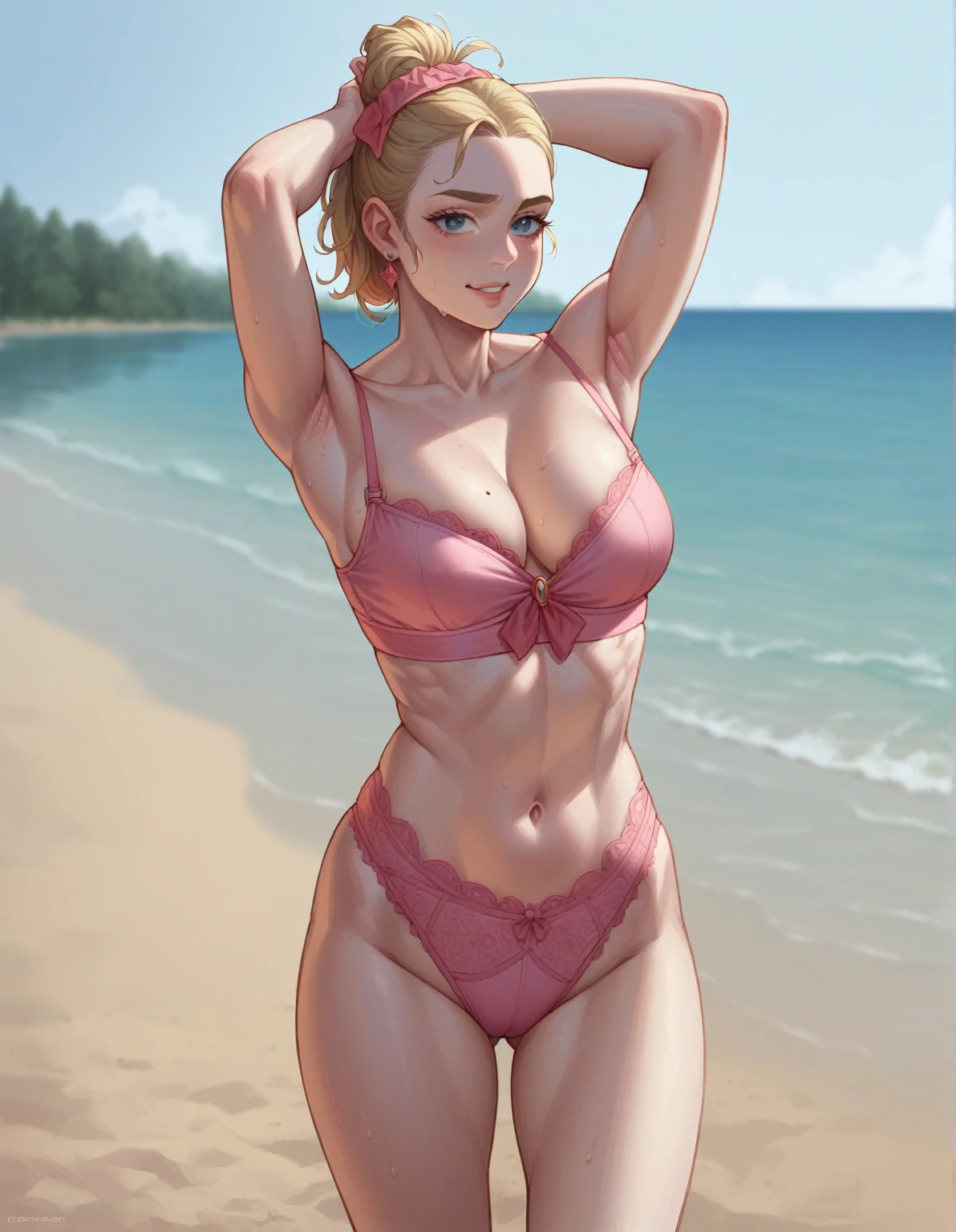 Jovencita pelliroja con ropa interior Rosa en la playa tetas grandes