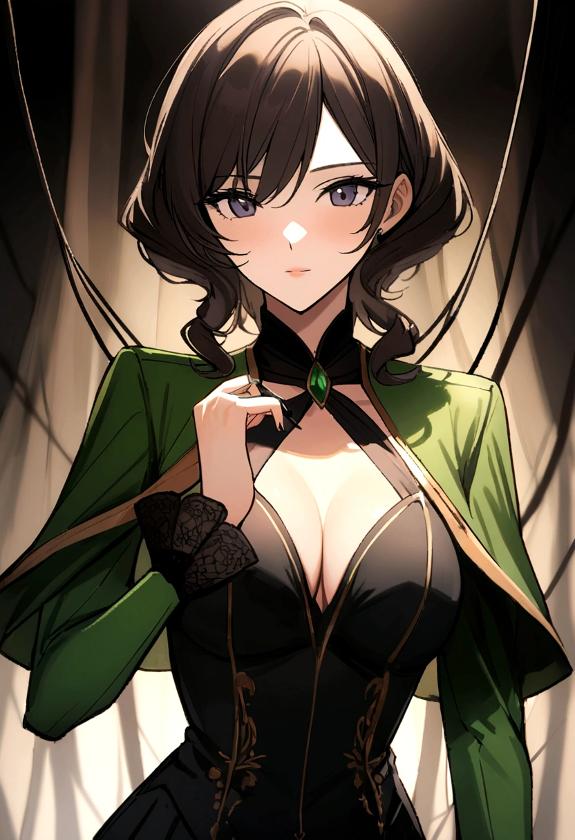 Femme de 25 ans, brune, visage parfait, elegant, tailleur noir, costume noir, vert sexy, string, beautiful