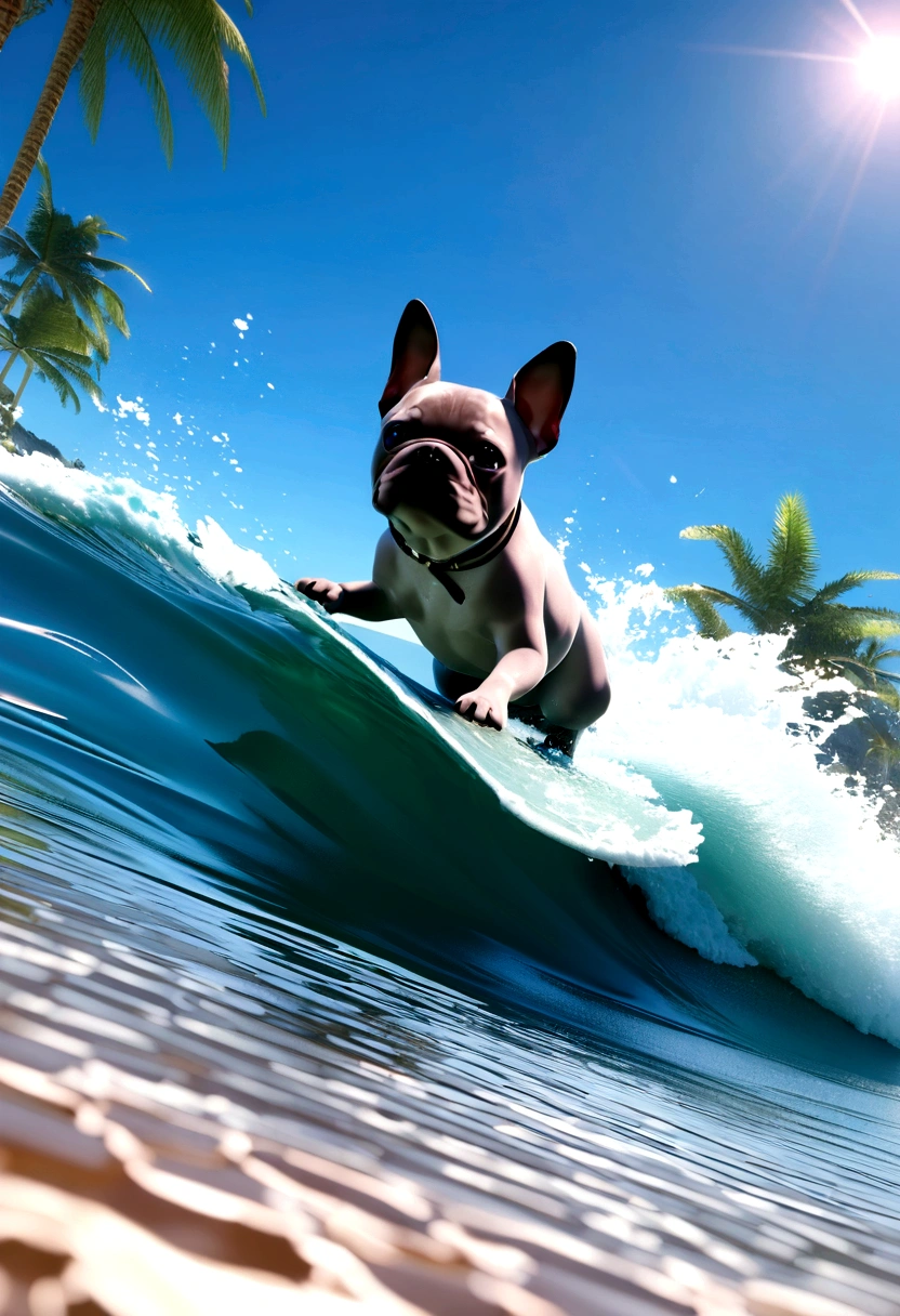 （Highest quality，4K，8k，High resolution，）A private beach in Hawaii at noon、Infinity symbol，3D Model，Colorful colors，Landscape Background、pop、Palm tree、From the central viewer&#39;Perspective、Midsummer style fashion、A light grey French bulldog surfing on a wave、Very delicate