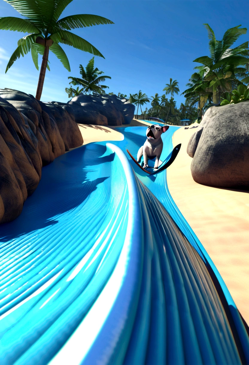 （Highest quality，4K，8k，High resolution，）A private beach in Hawaii at noon、Infinity symbol，3D Model，Colorful colors，Landscape Background、pop、Palm tree、From the central viewer&#39;Perspective、Midsummer style fashion、A light grey French bulldog surfing on a wave、Very delicate