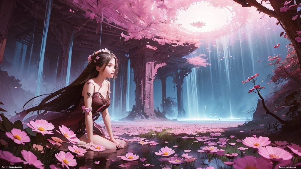 32k, Masterpiece, Highest quality, One girl, Detailed eyes, flower,Sandersonia, Pink and brown style,A dreamy, romantic piece,Pale pink, Mysterious Leaves,A playful arrangement,Fantasy,High Contrast,Ink strokes,explosion,Exposure, Impression of pink and brown tones,Abstract,((Watercolours by John Berkey and Jeremy Mann )) Brush strokes,Negative Space, Tyndall effect,