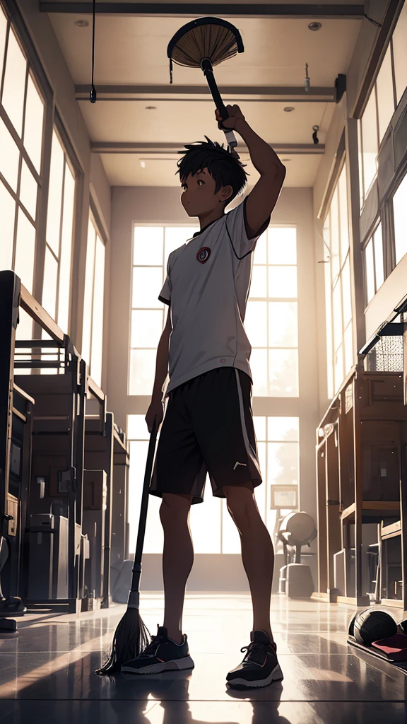 A boy cleaning the gym in gym clothes、Cleaning with a broom、silhouette