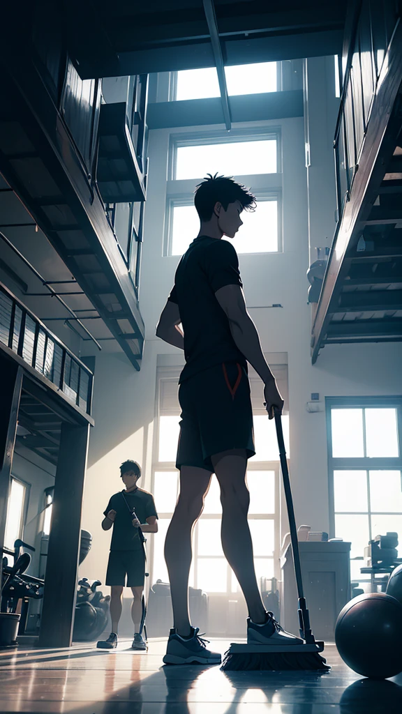 A boy cleaning the gym in gym clothes、Cleaning with a broom、silhouette