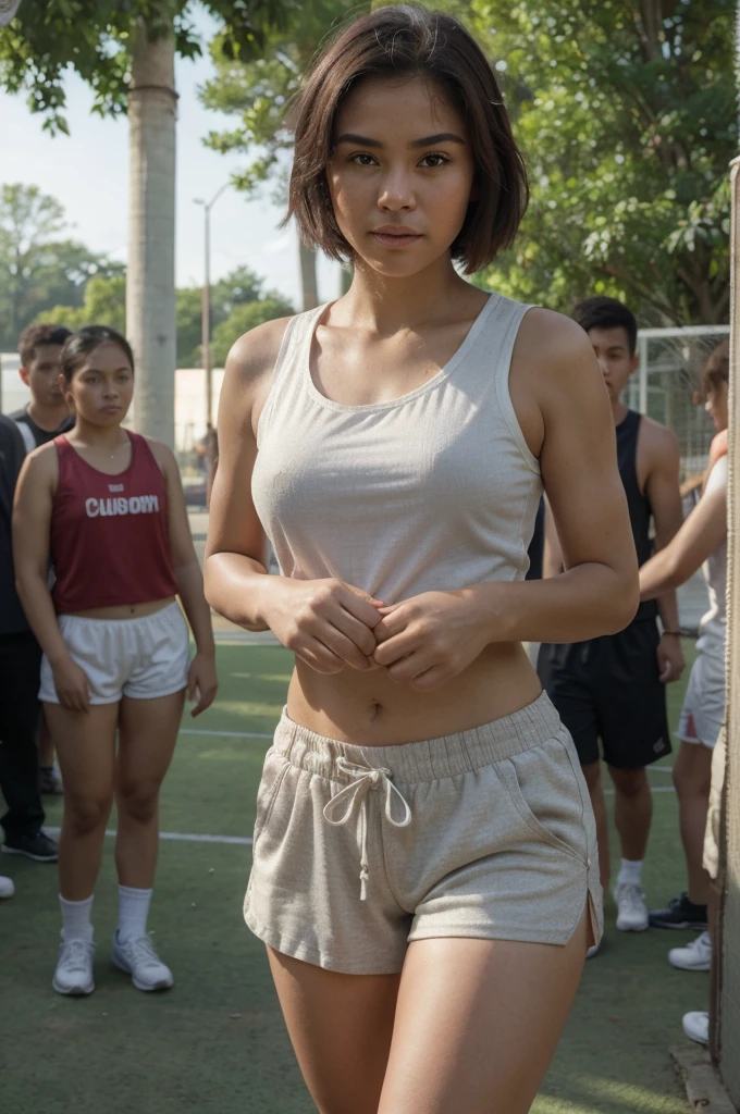 ((Best Quality, 8K, Masterpiece:)), Focus, realistic, A stunning high-resolution, vibrant photograph of 15 old young indonesian girl wear tanktop and mini shorts pants,surrounded by men, multiple men ,sexy aura, erotic mood, playing basketball, basketball,at outdoor basketball field,realistic photo, full body shot,The background is slightly blurred to keep the focus on her, creating a beautiful bokeh effect. soft sunlight filtering through
