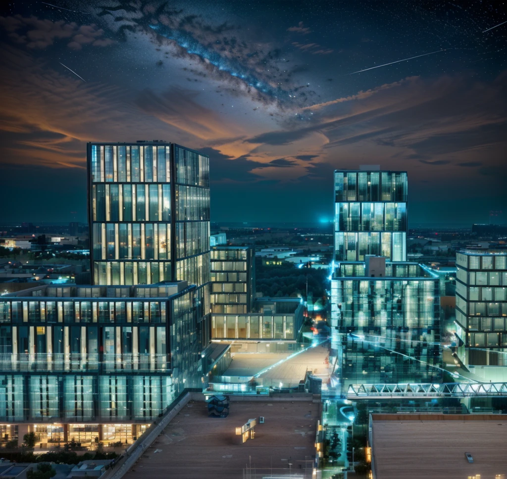 The sky is dotted with stars at night,City建筑, Wide field of view, High-rise office building, Office lighting, Vision, The above points, baotou china, Hybrid development, City, Lighting up distant buildings, High field of view, High-rise buildings,masterpiece,High Detail,HD resolution,8K