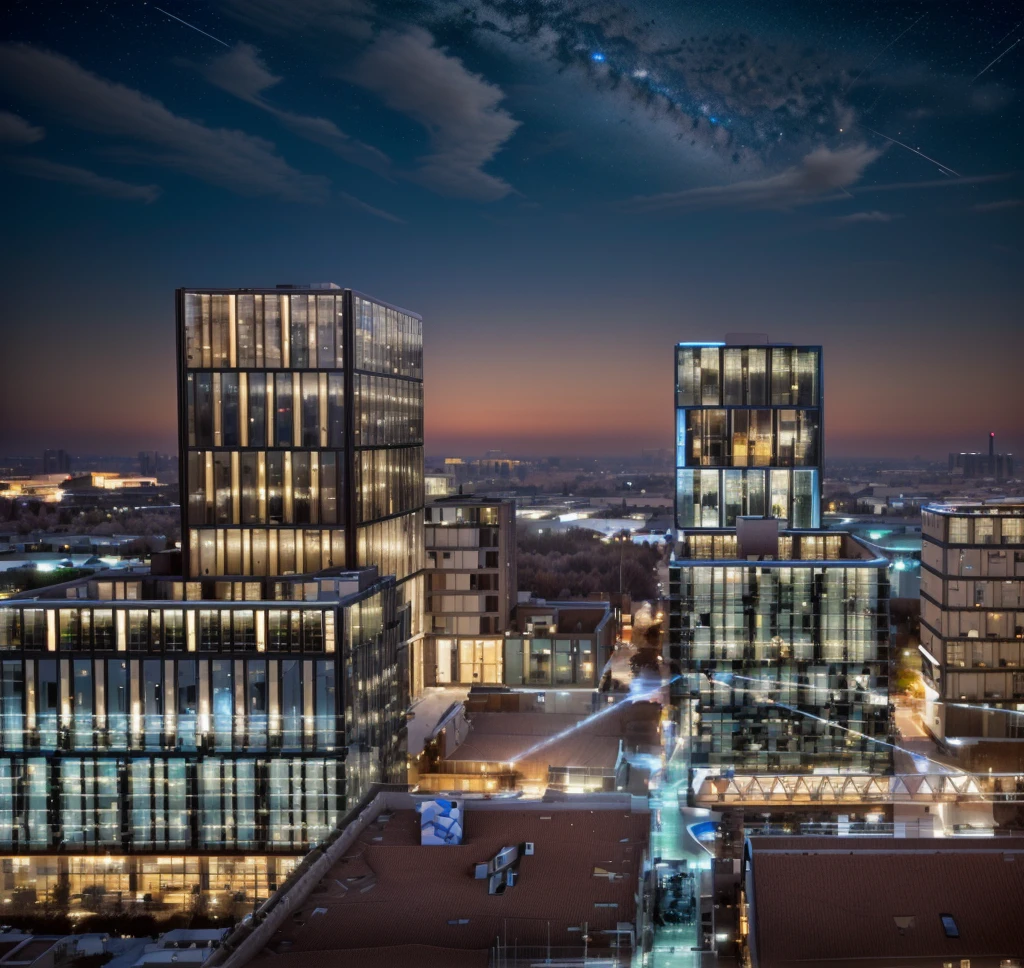 The sky is dotted with stars at night,City建筑, Wide field of view, High-rise office building, Office lighting, Vision, The above points, baotou china, Hybrid development, City, Lighting up distant buildings, High field of view, High-rise buildings,masterpiece,High Detail,HD resolution,8K