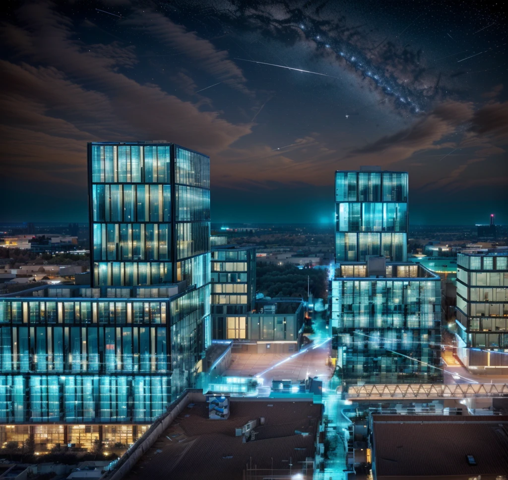 The sky is dotted with stars at night,City建筑, Wide field of view, High-rise office building, Office lighting, Vision, The above points, baotou china, Hybrid development, City, Lighting up distant buildings, High field of view, High-rise buildings,masterpiece,High Detail,HD resolution,8K