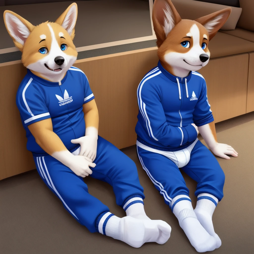 a slightly chubby young male corgi, blue eyes, no eyebrows, wearing a dark blue Adidas tracksuit, no pants white briefs, white socks, white hands five finger, holding shirt , spread toes