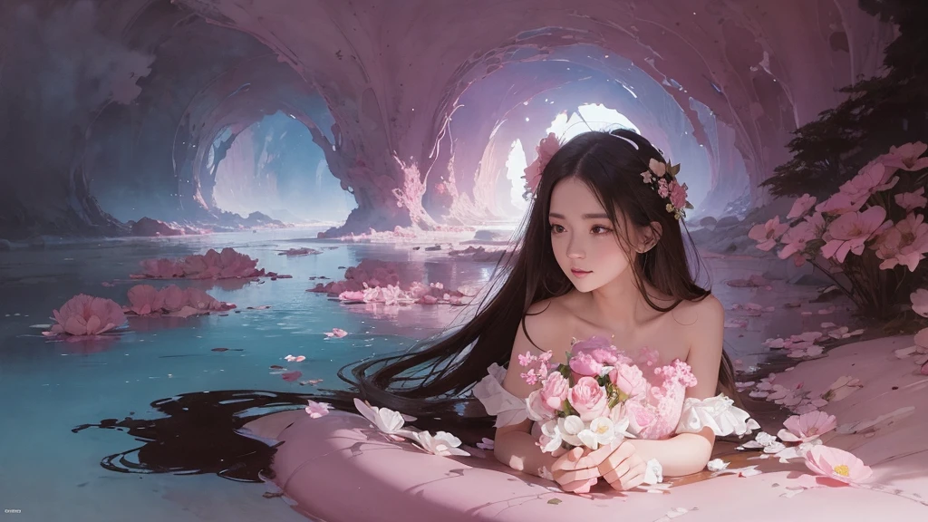 32k, Masterpiece, Highest quality, One girl, Detailed eyes, flower,Sandersonia, Pink and brown style,A dreamy, romantic piece,Pale pink, Mysterious Leaves,A playful arrangement,Fantasy,High Contrast,Ink strokes,explosion,Exposure, Impression of pink and brown tones,Abstract,((Watercolours by John Berkey and Jeremy Mann )) Brush strokes,Negative Space, Tyndall effect,
