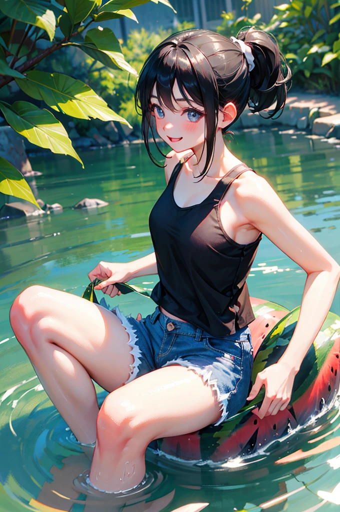 beautiful girl、Black Hair、ponytail、Tank top、Short denim pants、Playing in the river、watermelon、smile、Downward