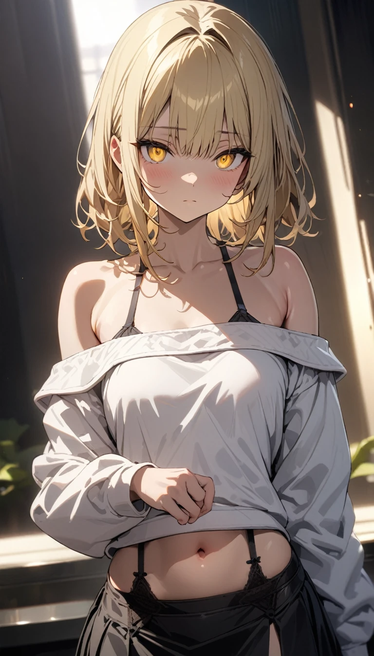 a handsome girl, solo, blond hair, yellow eyes, bright eyes, bangs, navel, BREAK (white off-shoulder hoodie, black skirt:1.5), black garter belt, expressionless, blurry background, perfect lighting, masterpiece, best quality, extremely detailed face, extremely detailed,