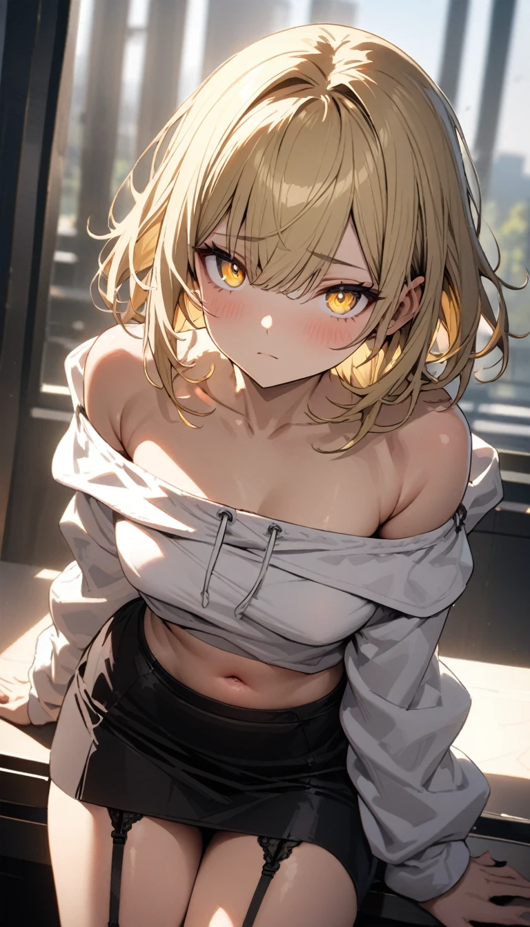 a handsome girl, solo, blond hair, yellow eyes, bright eyes, bangs, navel, BREAK (white off-shoulder hoodie, black skirt:1.5), black garter belt, expressionless, blurry background, perfect lighting, masterpiece, best quality, extremely detailed face, extremely detailed,