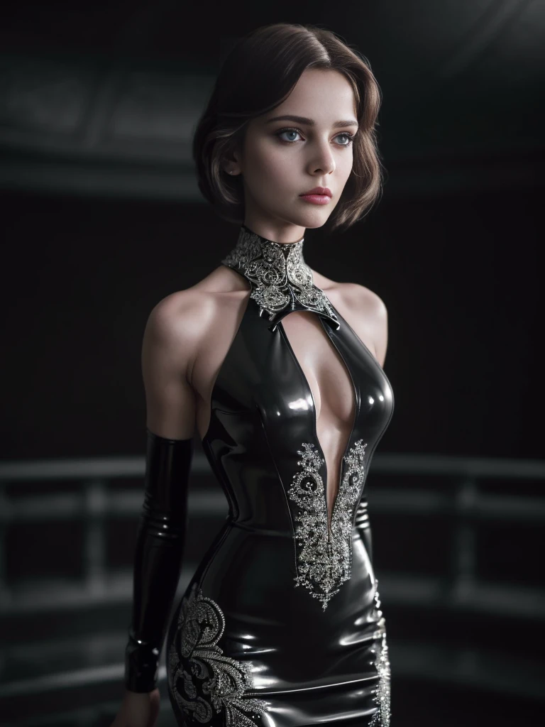 1girl,latex dress,perfect body,(deep neckline:1.4),beautiful detailed eyes,beautiful detailed lips,extremely detailed face and skin,masterpiece,(best quality,8k,hyper-detailed,photorealistic:1.4),(intricate,highly detailed,cinematic lighting:1.2),dramatic lighting,elegant,dramatic pose,sensual,elegant,fair skin,flawless skin