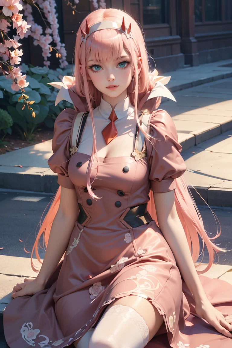 Zero Two, long hair, pink hair, red horns, long flowing hair, floating hair, ornament hair, perfectly body, perfectly hands, dark pink rose on hair, maid, maid dress, maid headdress, maid apron, white apron, on street, petals in the air, blossom peach tree, centered girl, maid dress, red dress, more details on her clothes, dress with transparency, golden details, daylight, smiling, cape, ((4k, masterpiece, top-quality)),8k, best quality, high resolution, HD, (illustration:0.8), super cute girl, delicate and beautiful face, 1girl, solo, mature girl, super cute hairstyle, (beautiful detailed eyes:1.6), extremely detailed face, perfect lighting, extremely detailed CG, (perfect hands, perfect anatomy), Best quality, cleavage, small skirt, full Body,