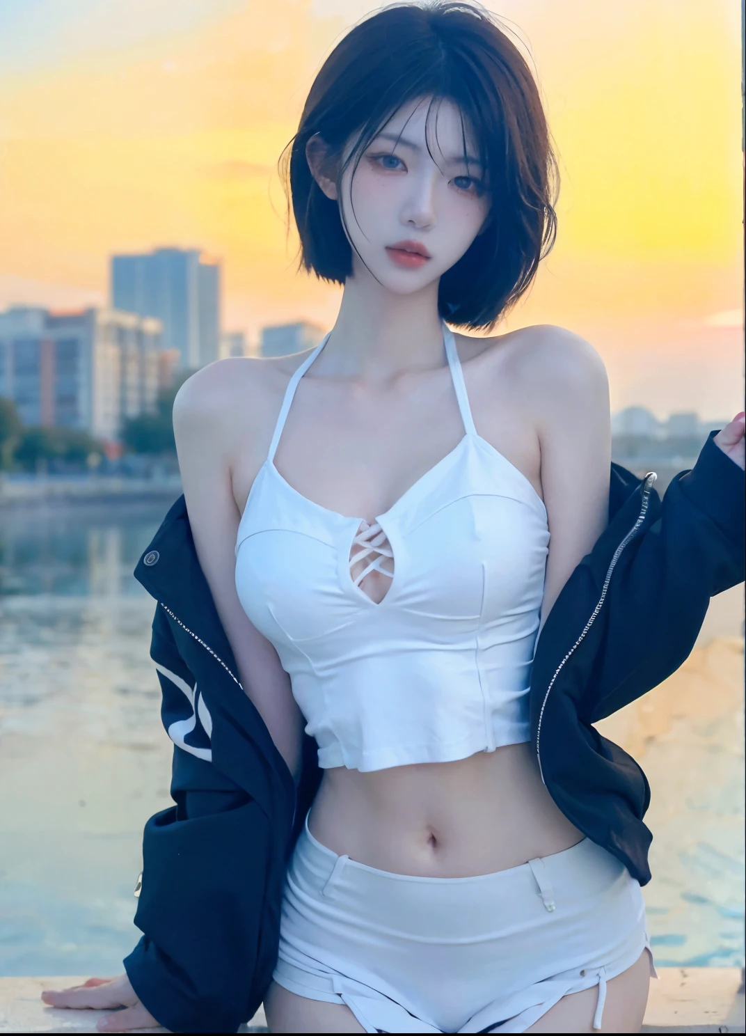 Beautiful woman with perfect figure:1.4,Ultra-high resolution,White background,(lifelike:1.4),Layered Hairstyle,White skin,Bikini:1.5,Super short pleated skirt,whole body,Very delicate face and skin texture,Double eyelids,Skin Whitening,short hair,White hair