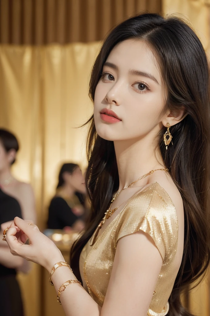 ((((8k))),((Extremely meticulous CG)) ,(wallpaper),16k,((Extremely refined and beautiful)),(((Masterpiece))),(((best qualtiy))),(((Ultra High Resolution))),beautiful light up,Perfect lightning,realistic shaded,(Smooth and flawless skin:1.5),(Extremely exquisite facial details:1.2),(perfect body:1.2),(ultra-detailed),((A beautiful girl,solo)),(small head:1.2),(pale skin:1.3),(medium straight hair:1.2),(small face:1.2),(baby face:1.3),(Exquisite makeup:1.2),(small breasts:1.2),(flat chest:1.3),((slim,thin)),(laughing:1.2),(short sleeves:1.2),(gold earrings:1.3),(gold necklace:1.3),(gorgeous black shirt dress:1.5),(pantyhose:1.3),(indoor:1.3),(summer:1.3),(detailed background:1.5),(standing:1.3),(arms behind back:1.2),(upper body:1.3),(from front:1.3),(day scene:1.5),(In a luxurious jewelry store:1.5),(bright and vivid colors:1.3),(The showcase is piled with jewelries:1.3),(surrounded by crowded crowds:1.3)