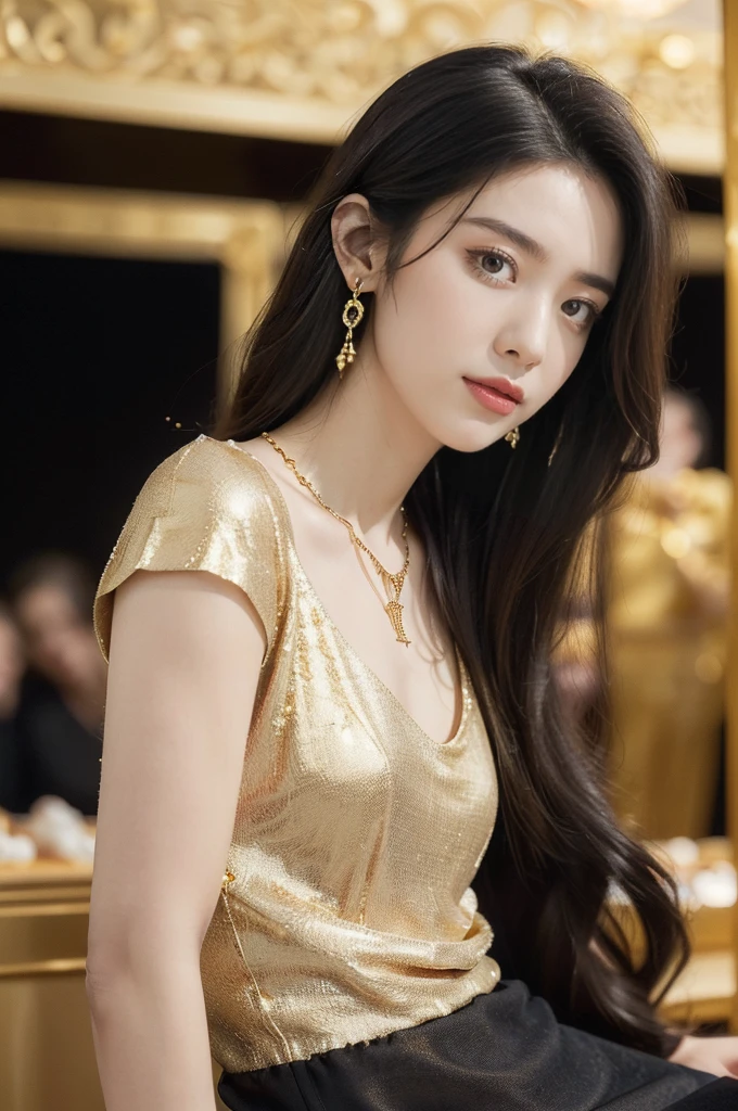 ((((8k))),((Extremely meticulous CG)) ,(wallpaper),16k,((Extremely refined and beautiful)),(((Masterpiece))),(((best qualtiy))),(((Ultra High Resolution))),beautiful light up,Perfect lightning,realistic shaded,(Smooth and flawless skin:1.5),(Extremely exquisite facial details:1.2),(perfect body:1.2),(ultra-detailed),((A beautiful girl,solo)),(small head:1.2),(pale skin:1.3),(medium straight hair:1.2),(small face:1.2),(baby face:1.3),(Exquisite makeup:1.2),(small breasts:1.2),(flat chest:1.3),((slim,thin)),(laughing:1.2),(short sleeves:1.2),(gold earrings:1.3),(gold necklace:1.3),(gorgeous black shirt dress:1.5),(pantyhose:1.3),(indoor:1.3),(summer:1.3),(detailed background:1.5),(standing:1.3),(arms behind back:1.2),(upper body:1.3),(from front:1.3),(day scene:1.5),(In a luxurious jewelry store:1.5),(bright and vivid colors:1.3),(The showcase is piled with jewelries:1.3),(surrounded by crowded crowds:1.3)