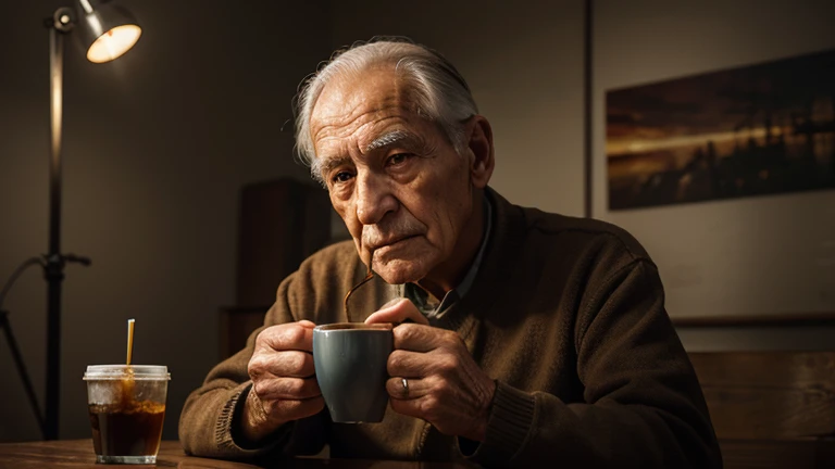 a content elderly man, extremely detailed face, drinking a cup of coffee, photorealistic, 8k, hyperdetailed, masterpiece, cinematic lighting, warm color tones, studio lighting, oil painting