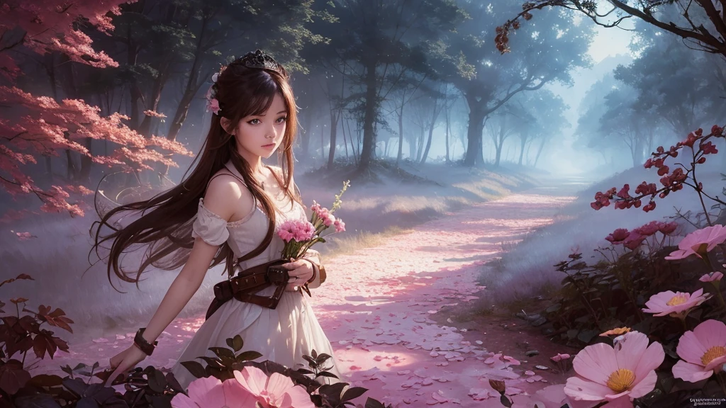32k, Masterpiece, Highest quality, One girl, Detailed eyes, flower,Sandersonia, Pink and brown style,A dreamy, romantic piece,Pale pink, Mysterious Leaves,A playful arrangement,Fantasy,High Contrast,Ink strokes,explosion,Exposure, Impression of pink and brown tones,Abstract,((Watercolours by John Berkey and Jeremy Mann )) Brush strokes,Negative Space, Tyndall effect,