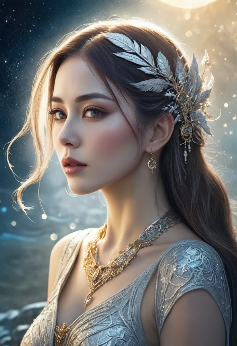 una mujer con cabello largo y un anillo brillante alrededor de su cuello, beautiful fantasy art portrait, karol behind uhd, beautiful fantasy portrait, ethereal gold and silver tones, fantasy art portrait, estilo de karol bak, un impresionante retrato de una diosa, mujer de fantasia, portrait of a norse moon goddess, gorgeous digital art, fantasy portrait art, beautiful fantasy art