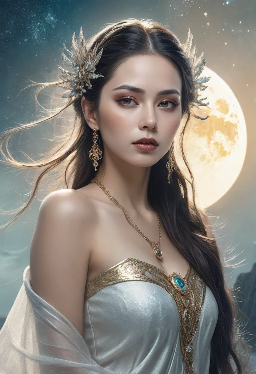 una mujer con cabello largo y un anillo brillante alrededor de su cuello, beautiful fantasy art portrait, karol behind uhd, beautiful fantasy portrait, ethereal gold and silver tones, fantasy art portrait, estilo de karol bak, un impresionante retrato de una diosa, mujer de fantasia, portrait of a norse moon goddess, gorgeous digital art, fantasy portrait art, beautiful fantasy art