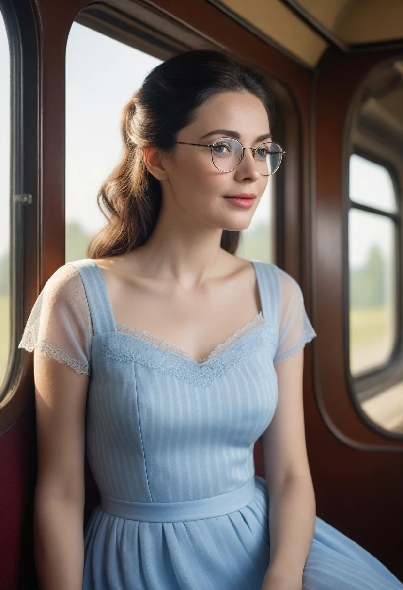 (Best quality, Ultra detailed, Golden ratio, Masterpiece:1.2), Theatrical lighting:0.7, Photo of a woman, dressed in a very elegant and pretty dress, Perfect rare face, (Highly detailed skin), long black straight hair, skin texture, Pale skin, shiny skin, (thin, large size:1.5), [:(Sharp focus on rare face, perfect eyes:1.5):0.2], photorealistic, film grain, Put one foot forward, from below looking up, look at camera, Emphasize the shoulders, Focus on face, Stockings, glasses, Smile with corners of mouth raised, disdainful expression, summer haze, muted colors, muted warm colors, Photo cinematic portrait of a woman dressed in a striped light blue dress sitting by the window in the early morning, cinematic, (tilted:1.3) (on an old train) look cautious, standing under a spotlight, volumetric dust clouds, key light, backlight, soft natural lighting, photography Film grain ISO 600 30 mm lens RAW f1.8 aperture, highly detailed (analog photography:1), colors hdr