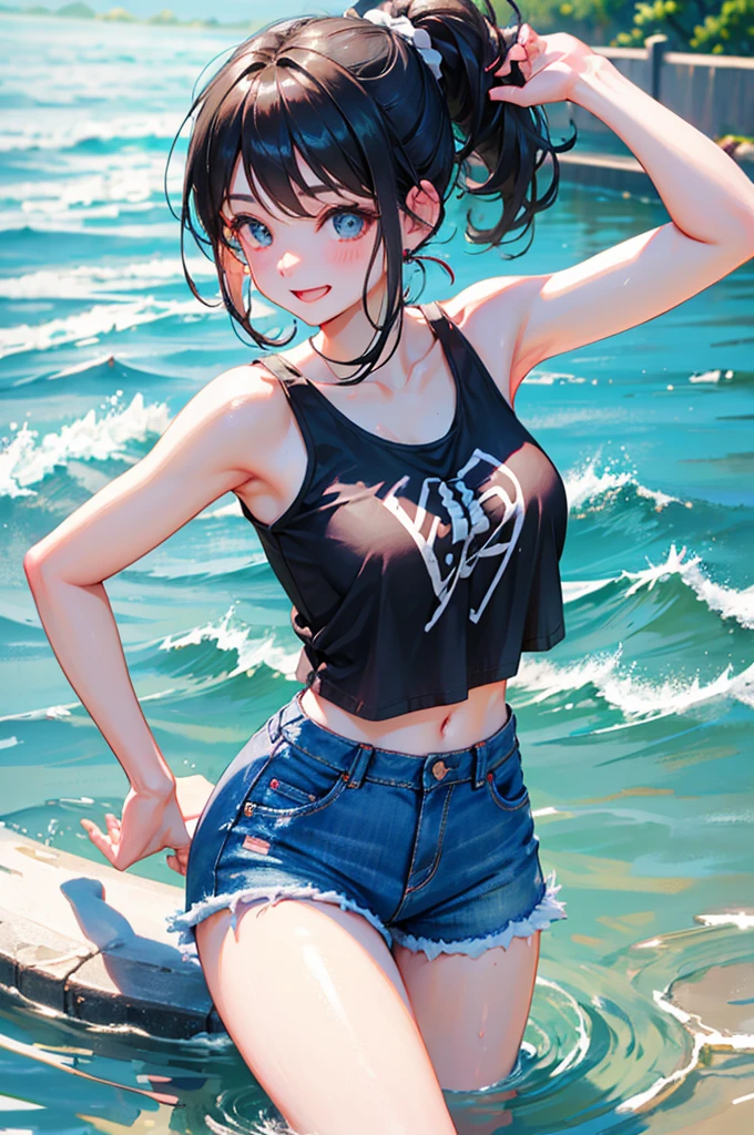 beautiful girl、Black Hair、ponytail、Tank top、Short denim pants、Playing in the river、watermelon、smile、Downward