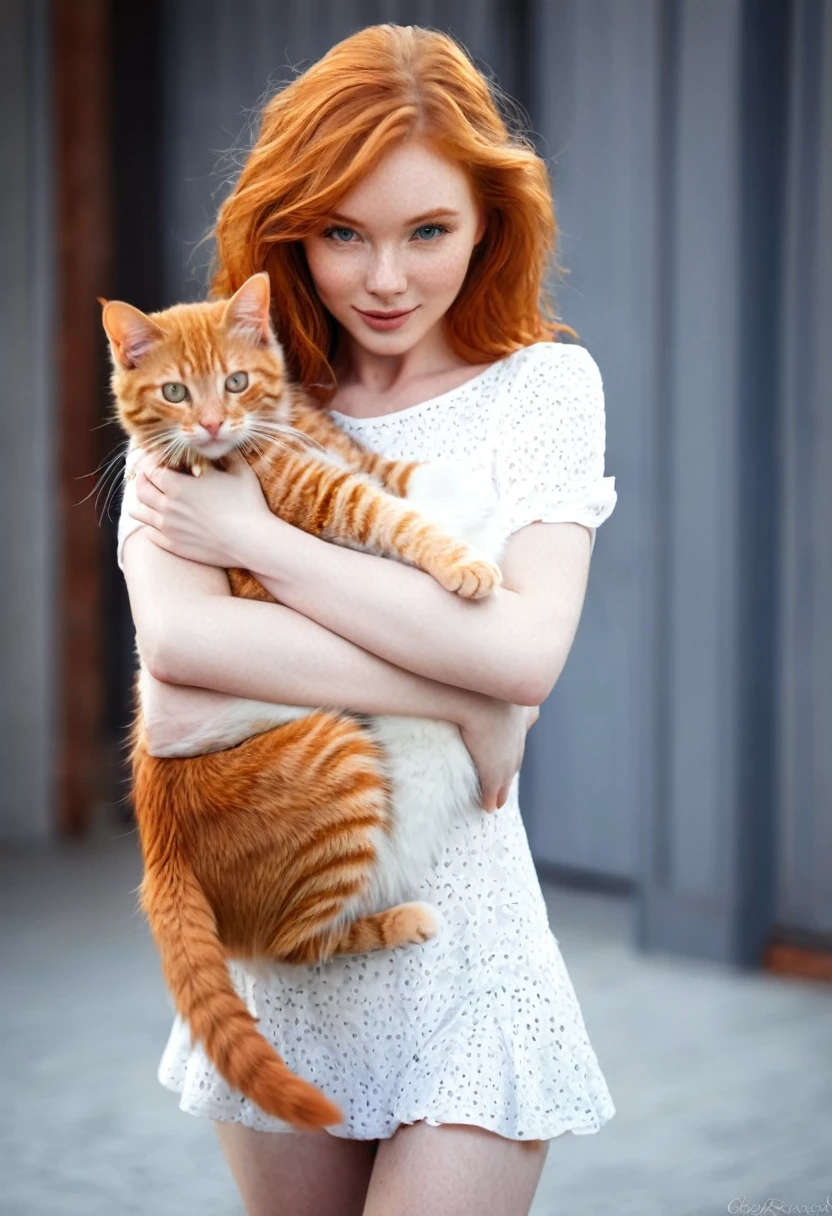 there is a woman holding a cat in her arms, beautiful young catgirl, ginger hair and fur, she is holding a cat in her arms, ginger cat, redhead girl, woman and cat, woman / cat hybrid, flowing ginger hair, very beautiful cute catgirl, attractive cat girl, redhead woman, ginger hair, by Olga Rozanova, cute young redhead girl